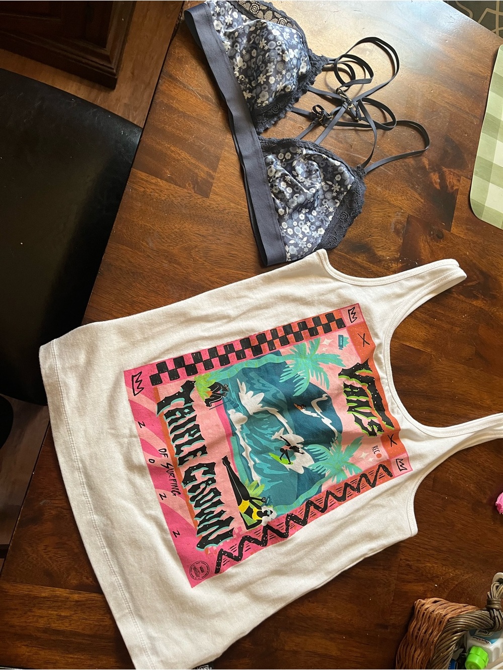 Vans White Graphic Tank with Pink & Teal Surf Print. Aerie Bralette Bundle